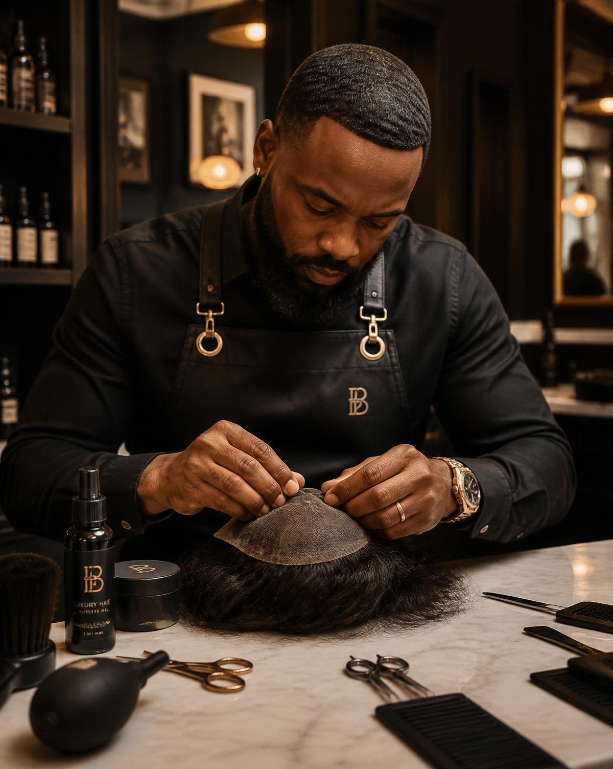 D Styles, master barber, hand-crafting a hair unit